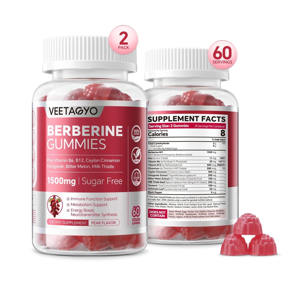 Berberina Supplemento 1500mg, Sugar berbina gratis con ceylon cannella gommie, cromo, curcuma, fieno greco per naturale metabolismo bilanciato, Berberina HCl da Estratto di Barberry indiano, 120 Cts