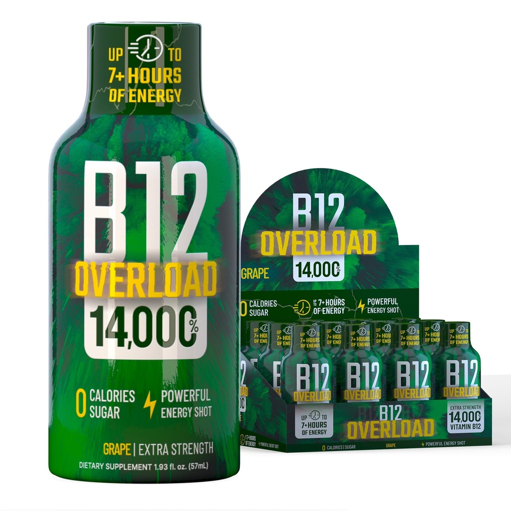 B12 Overload Extra Strength Energy Shot – Grape – 260mg Caffeine, 14000% B12, Electrolytes – Energy & Vitality Support – Zero Sugar No Calories – Vegan, Kosher, Gluten-Free – 1.93 fl oz, 12-Pack