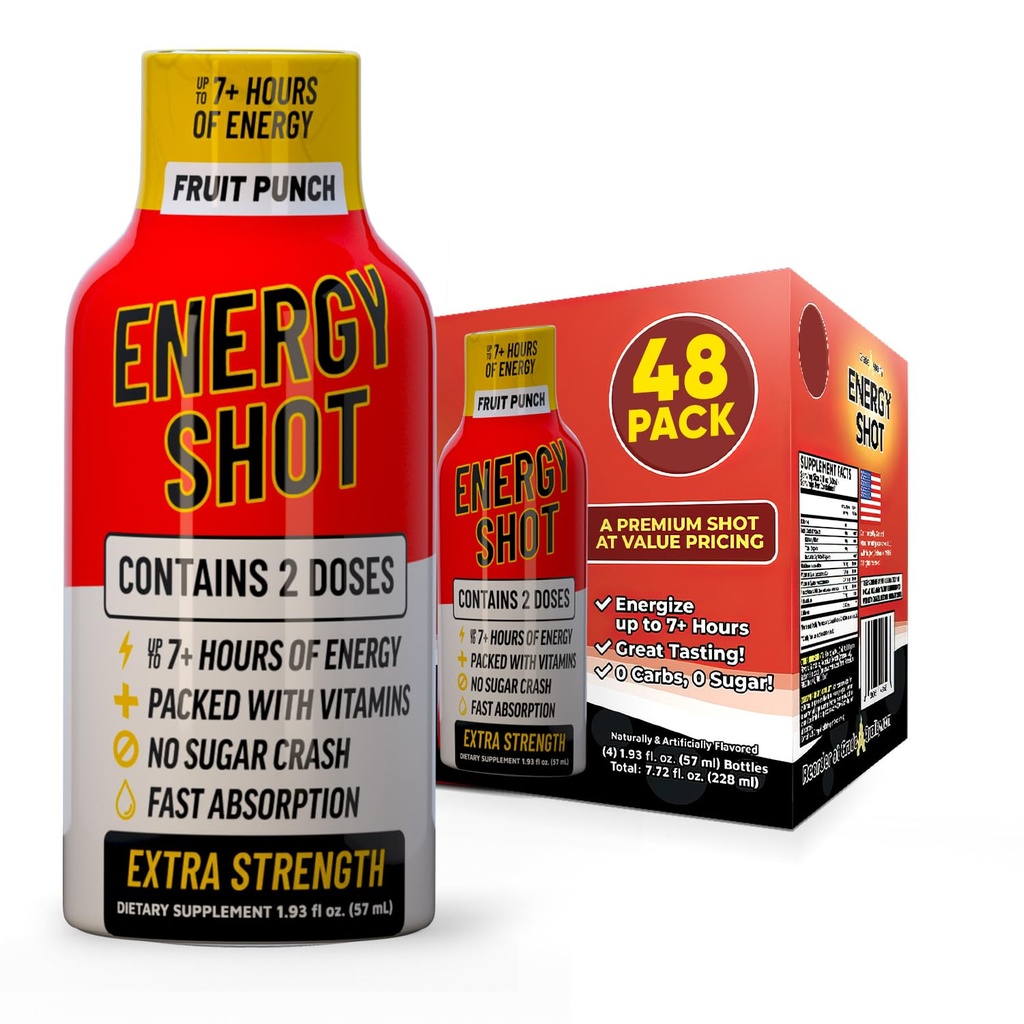 Fruit Punch Extra Strength Energy Shot 48 pk – 260mg Natural Caffeine B12 B6 – Energy & Focus Support – 2 Servings Sugar Free Zero Calorie Green Tea B-Vitamins Electrolytes Vegan – 1.93 fl oz