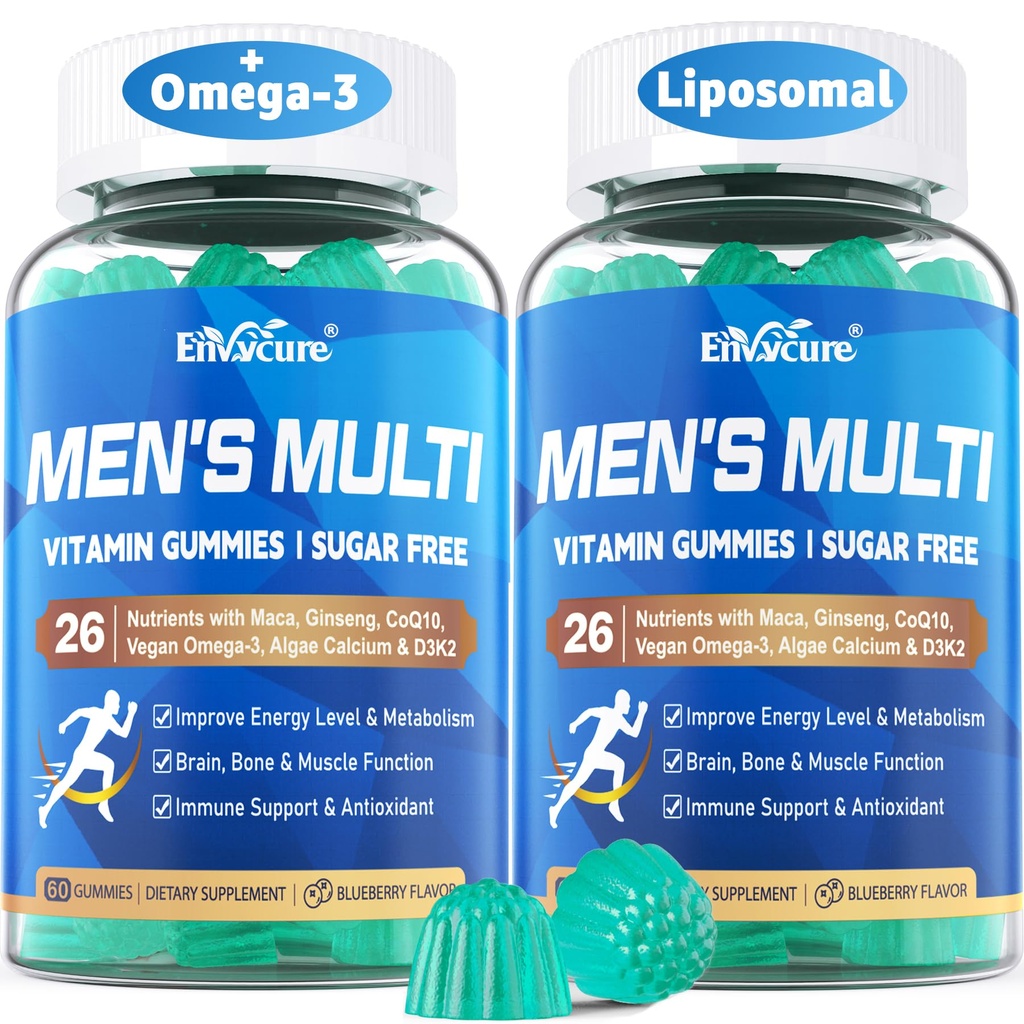 Methylated Multivitamin for Men Gummies, Vegan Omega 3, CoQ10, Zinc, Vitamin A C D3 K2 E B Complex, Calcium, Magnesium, Lycopene - Liposomal Vitamins - Energy, Immune, Bone, Brain, Sugar Free, 120 Cts