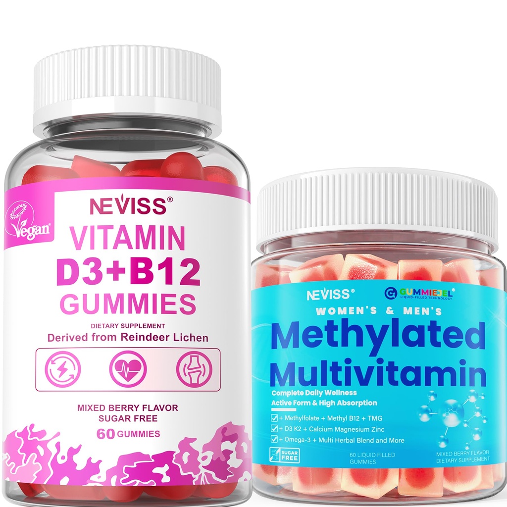 NEVISS Methylated Multivitamin, Vitamin D3 + Vitamin B12 Gummies, 3Pack