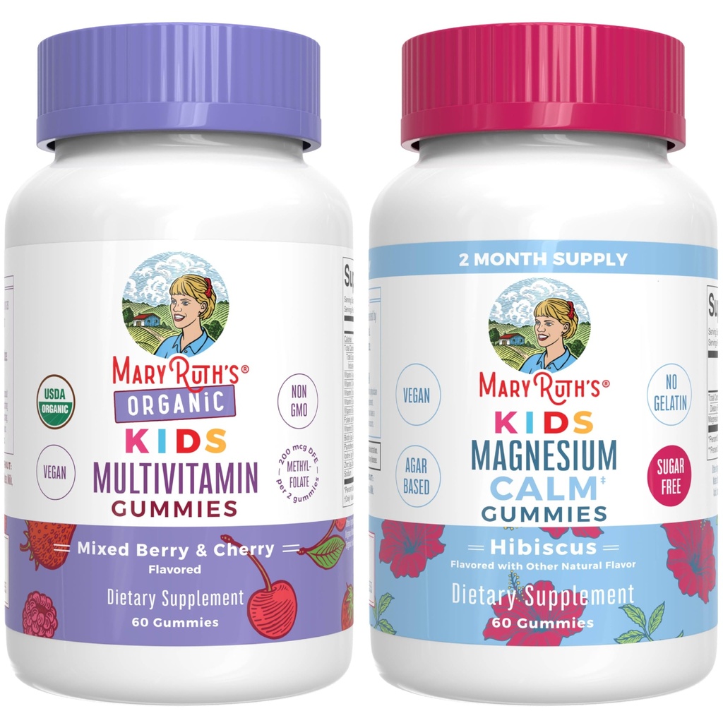 MaryRuth's Gummies for Kids–USDA Organic Multivitamin (Mixed Berry & Cherry), & Magnésium Calm (Hibiscus)- Pas de gélatine !