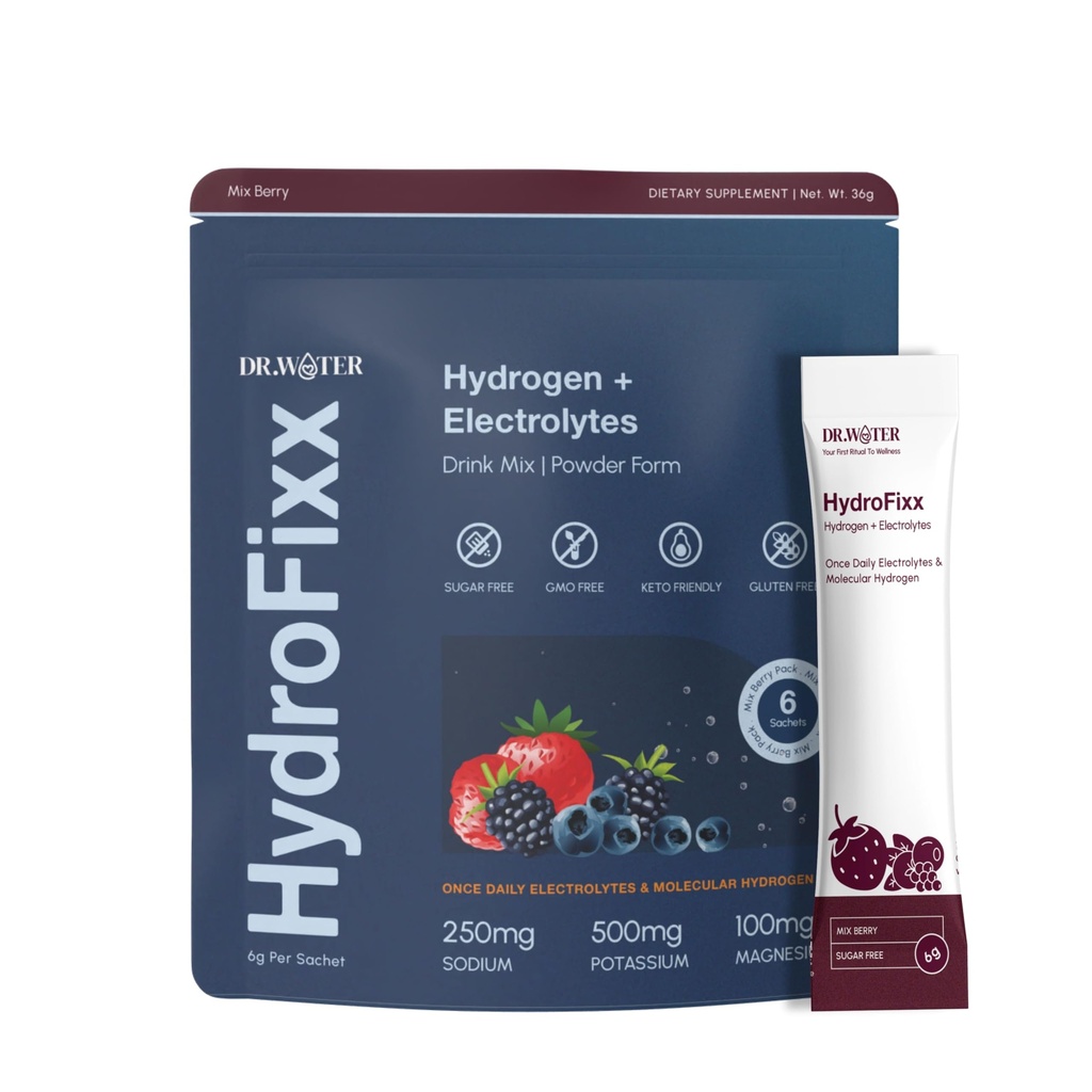 HydroFixx Hydrogen + Electrolytes Mix - Variety Pack | H2 Hydration with Molecular Hydrogen, Sodium, Potassium, Magnesium | LemonLime, MixBerry, Orange Caffeine | 6 Count (6, Mix Berry)