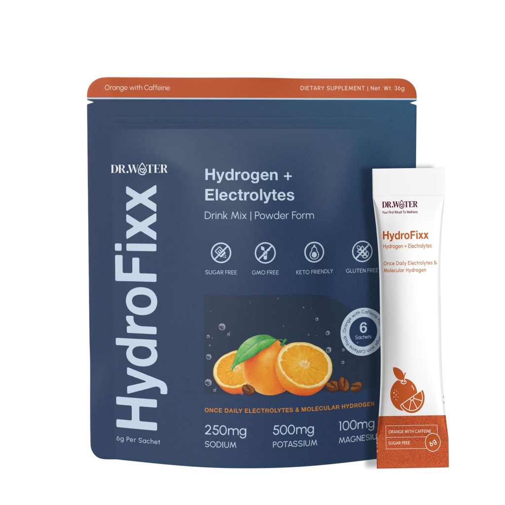 HydroFixx Hydrogen + Electrolytes Mix - Variety Pack | H2 Hydration with Molecular Hydrogen, Sodium, Potassium, Magnesium | LemonLime, MixBerry, Orange Caffeine | 6 Count (6, Orange Caffiene)