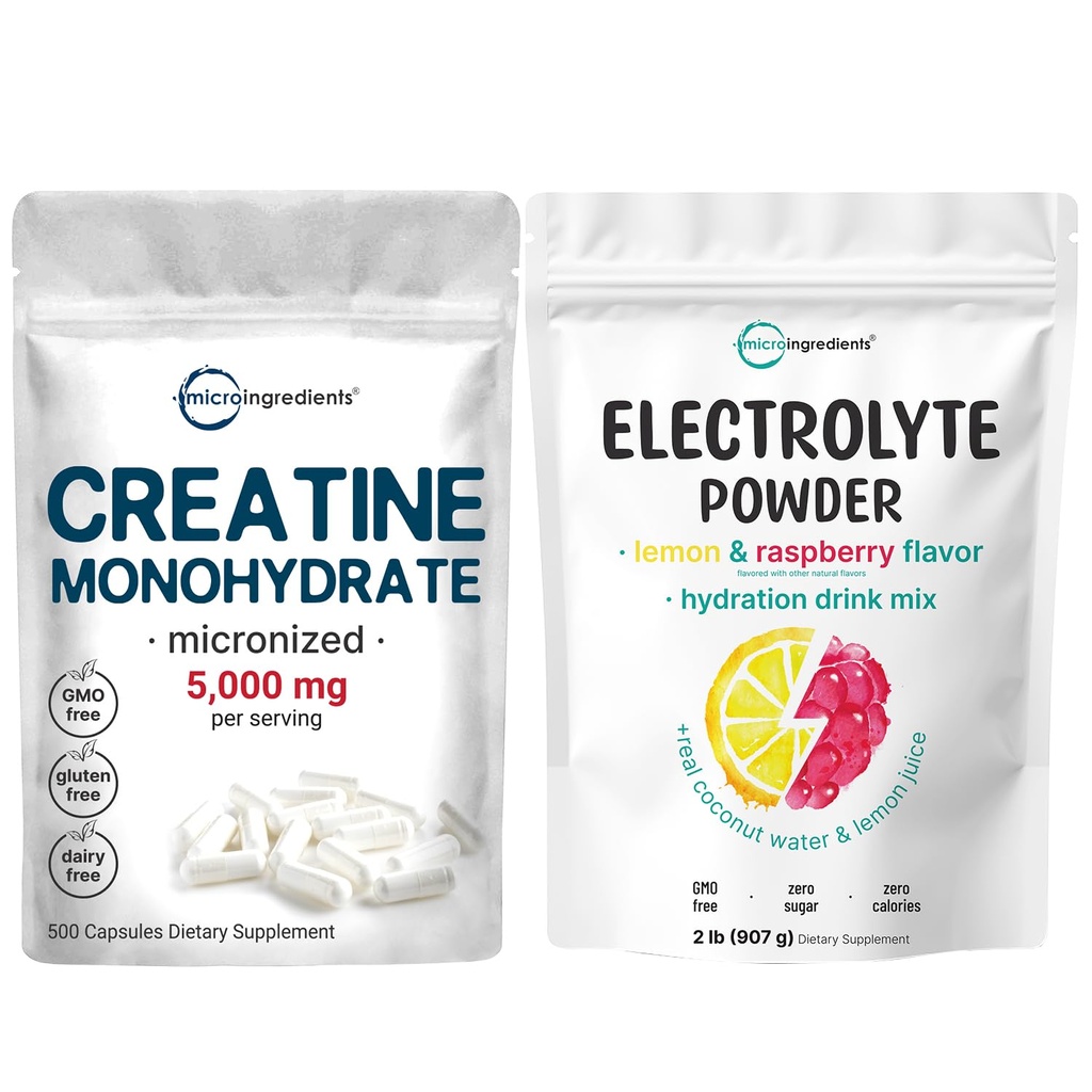 Micro Ingredients Hydration Electrolyte Powder & Creatine Monohydrate Capsules | 2 Pack Bundle | High Potassium 1,000mg + Lemon Raspberry Flavor | Micronized Creatine Pills + Easily Absorbed