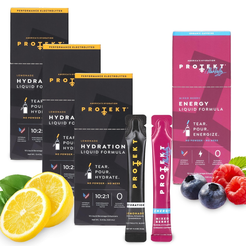 PROTEKT Electrolyte Packets for Recovery & Hydration, Lemonade, 30 Pack | Zero Sugar Energy Drinks, Mixed Berry, Pack of 10