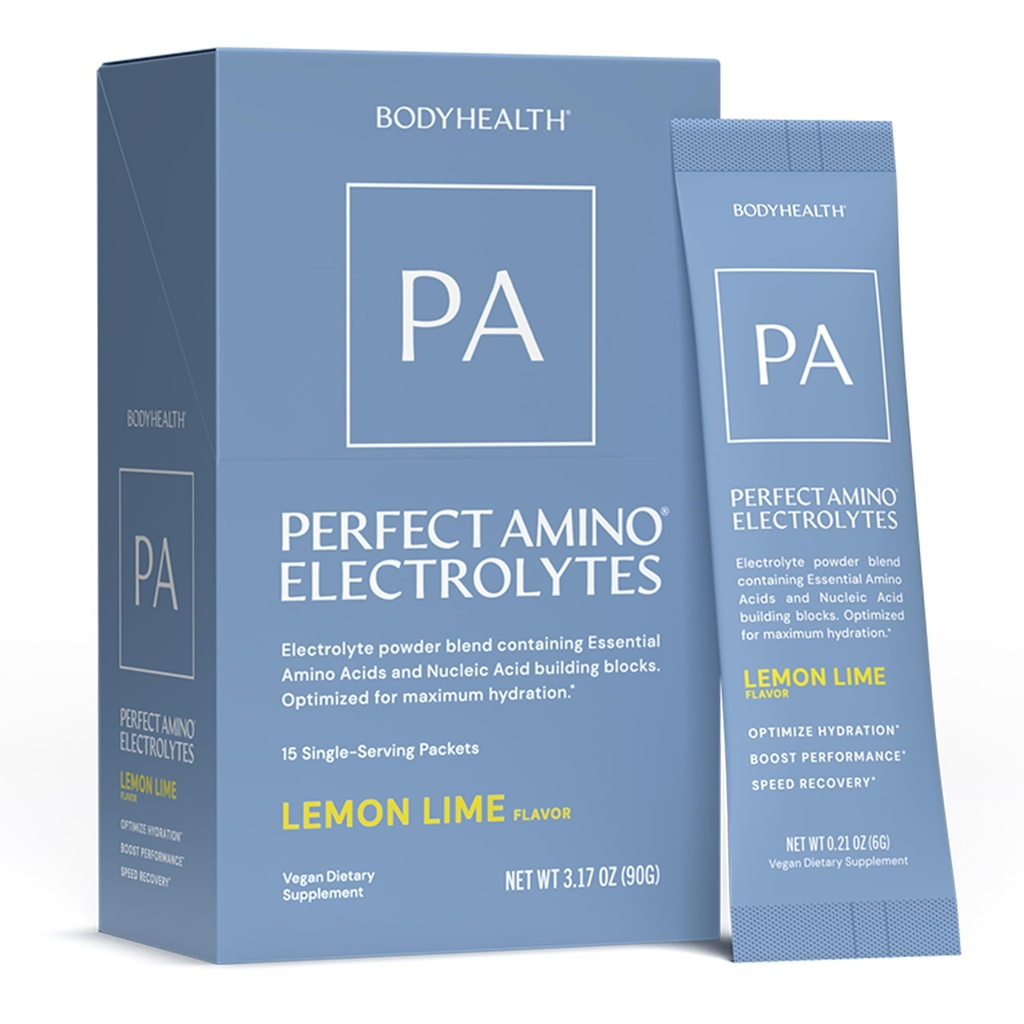 BodyHealth PerfectAmino Electrolyte Drink Mix – Lemon Lime – No Sugar, Keto & Fasting Friendly, Hydration with Trace Minerals – Stick Packs