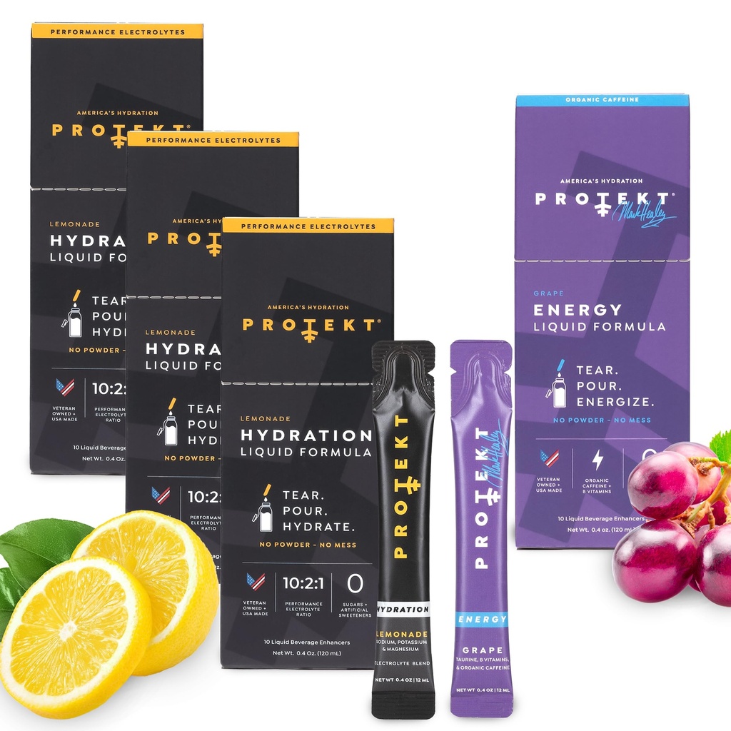 PROTEKT Electrolyte Packets for Recovery & Hydration, Lemonade, 30 Pack | Zero Sugar Energy Drinks, Grape, Pack of 10