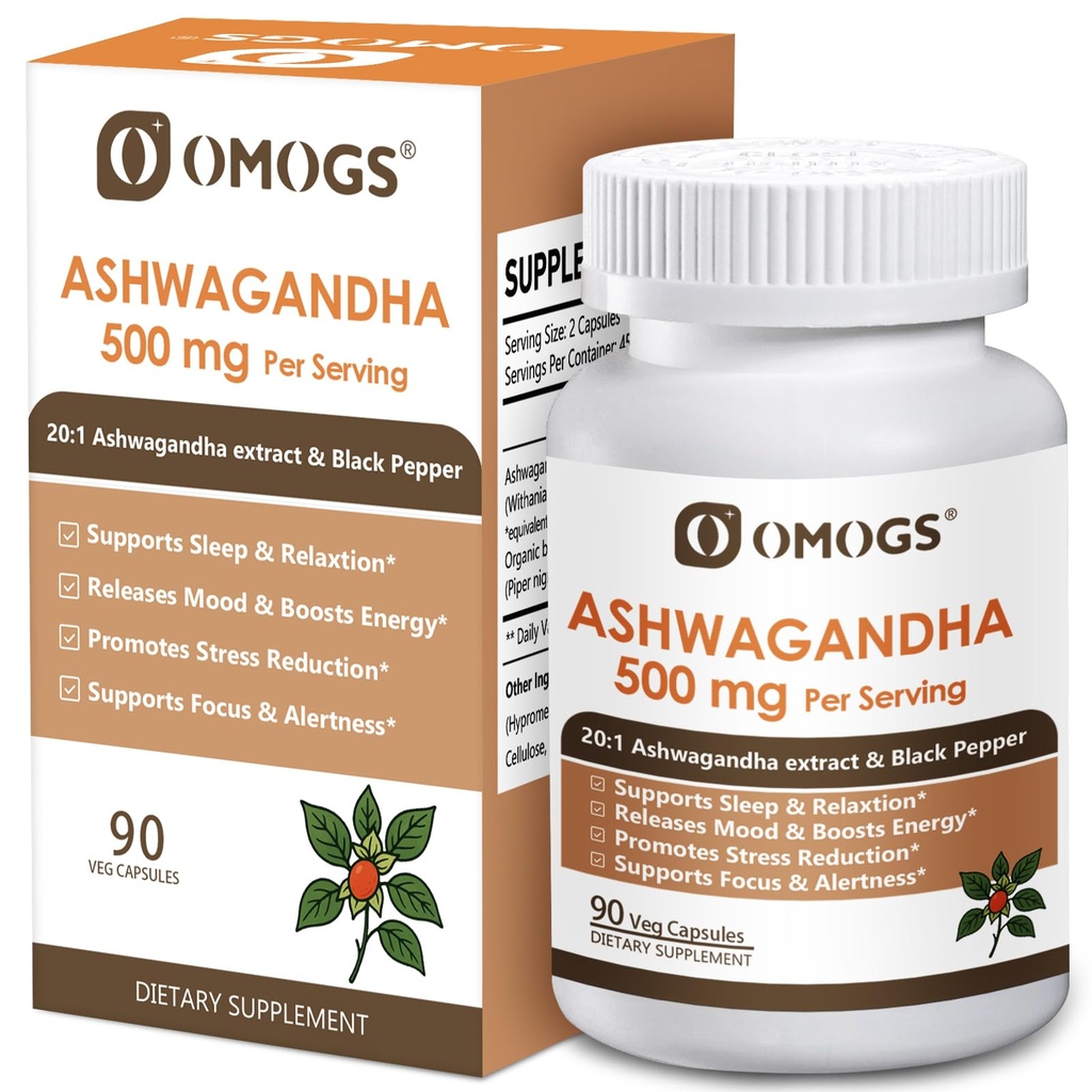 OMOGS Organic Ashwagandha, Pure Herb Extract, Added Black Pepper, High Absorption, for Boosts Energy, Sleep, Focus, Stress Relief.& Immune Support, Non-GMO, 90 Vegetable Capsules