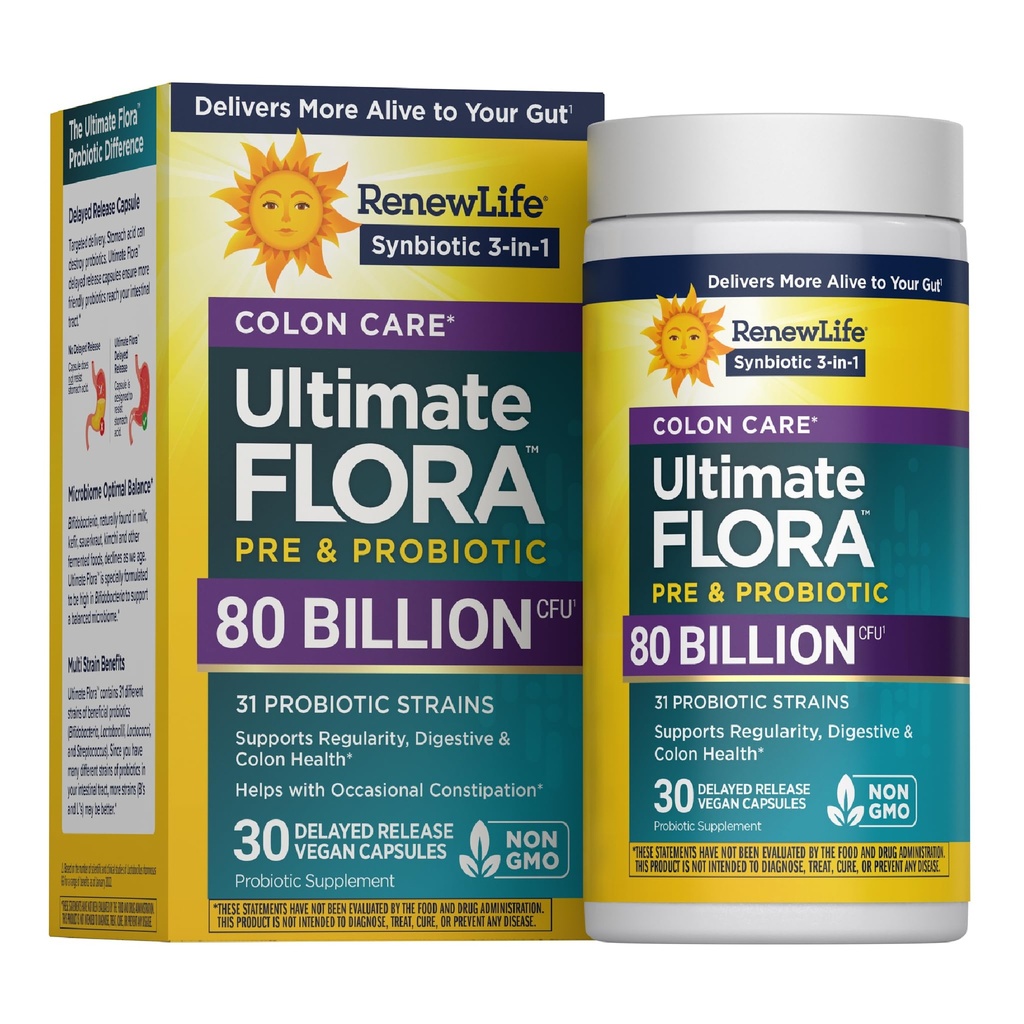 Rinnovare la vita Probiotic Colon Care capsule probiotici, supplemento giornaliero offre il supporto del colon, L. Rhamnosus GG, latticini, soia e senza glutine, 80 miliardi di CFU, 30 conte