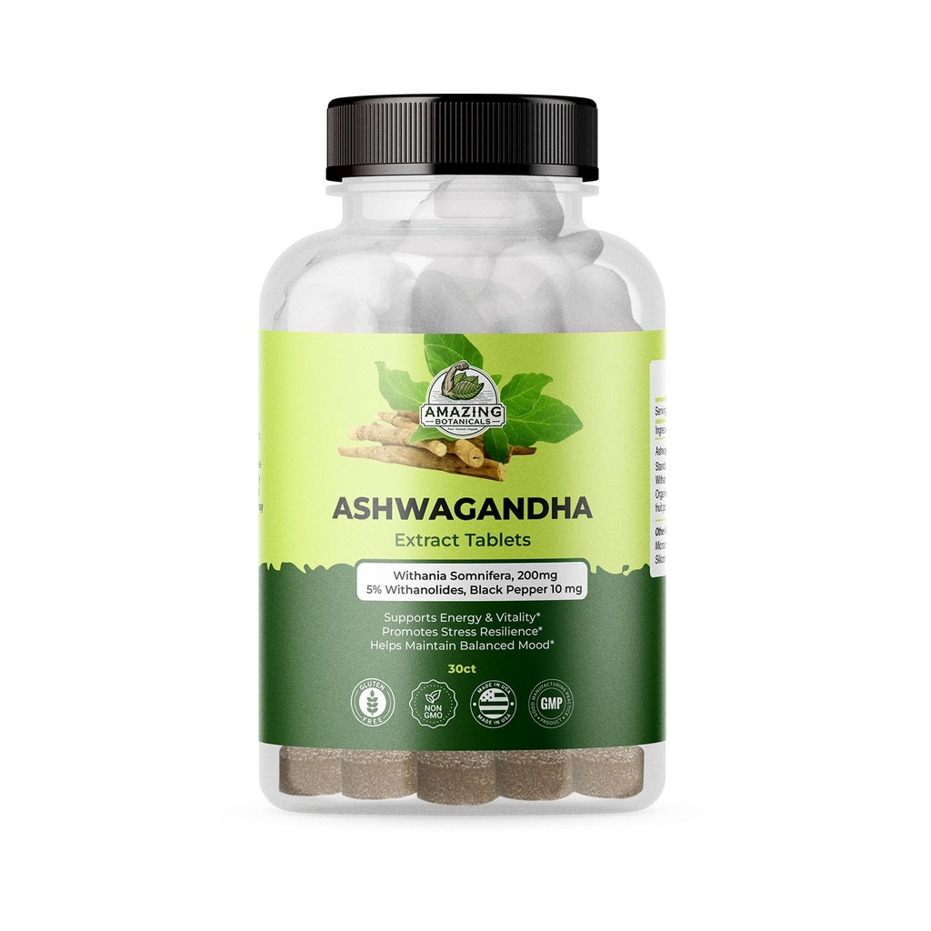 Organic Ashwagandha Root Extract Tablets - High Potency 30:1 - 200mg Ashwagandha Tablets Made With 10mg Organic Black Pepper for Enhanced Absorption - Vegan, Non-GMO, Gluten Free - 30 count