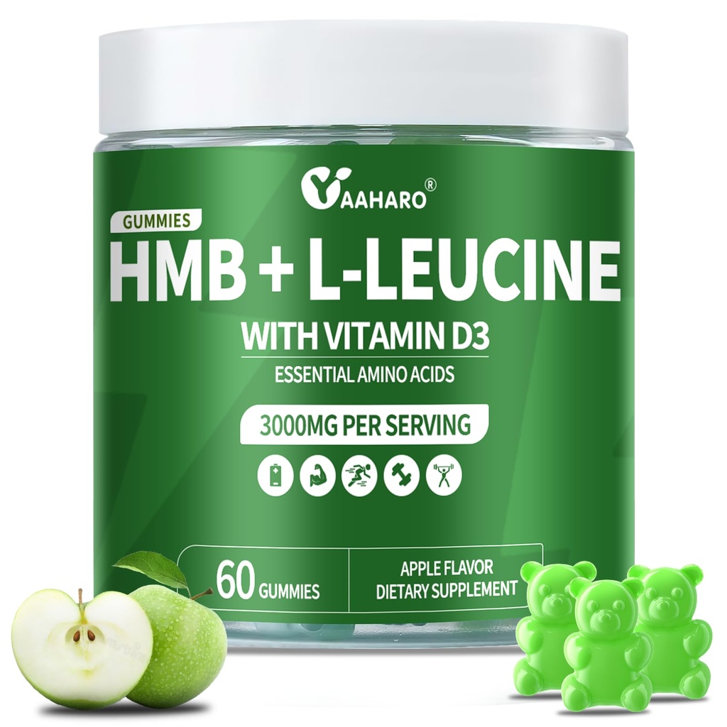HMB & L-Leucine Gummies 3000mg - with Vitamin D3 for Muscle Recovery, Energy, Endurance & Muscle Mass Increase - for Men & Women - Non-GMO, Vegan, Gluten-Free, Apple Flavor - 60 Gummies