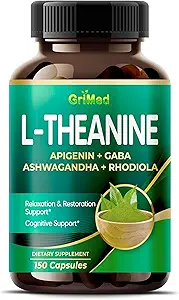 GriMed L-teanina 11.900mg- X10 Potenza con Apigenin, GABA Ashwagandha, Rhodiola - Rilassamento & Restauro Focus and Memory - Made in USA (150 Count (Pack of 1))