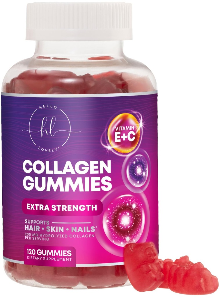 Collagène Peptides Gommies avec 2500 mcg Biotine - Supplément de protéines hydrolysées de type I et III multi collagène avec vitamine C et zinc - Support pour cheveux, peau, ongles, goût de grenade - 120 Gommies