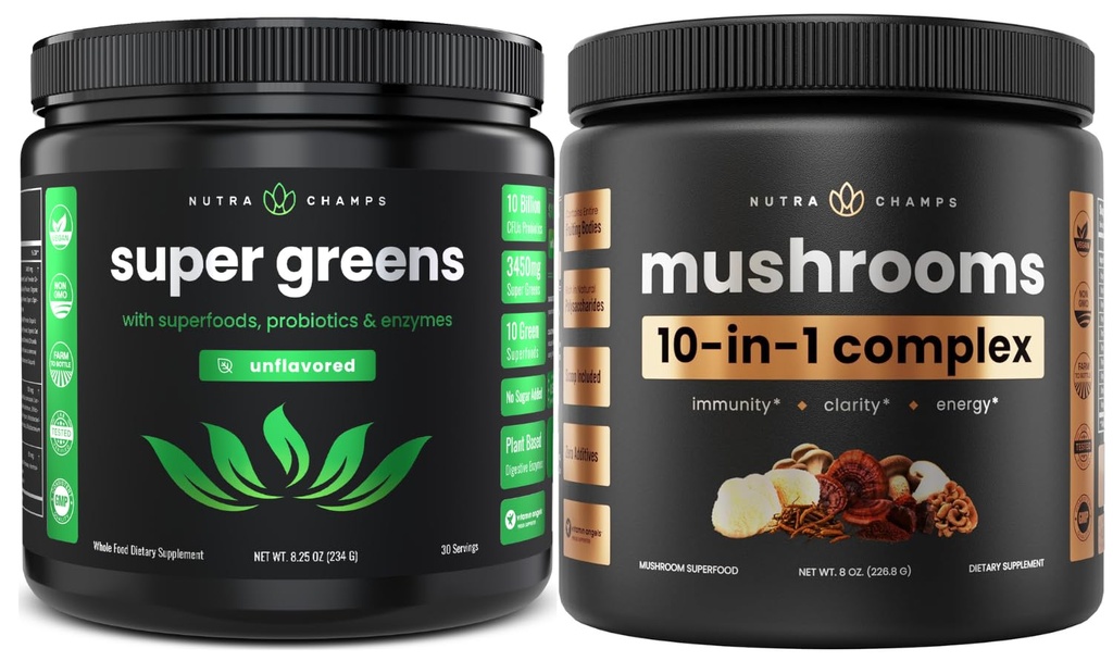 NutraChamps Super Greens Unflavored & Super Pilze: Ultimate Brain, Gut &amp; Body Boost