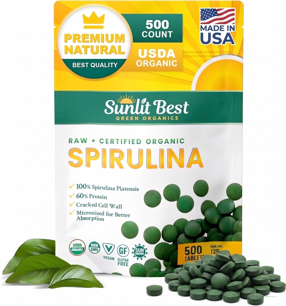 Sunlit Best Spirulina Tablets - Bio Spirulina Tablets USDA Premium 500 Count - Natürliche Spirulinas Organic Burst für Immununterstützung Muskelwachstum, Energie Boost w/Chlorophyll - High Protein, Non GMO