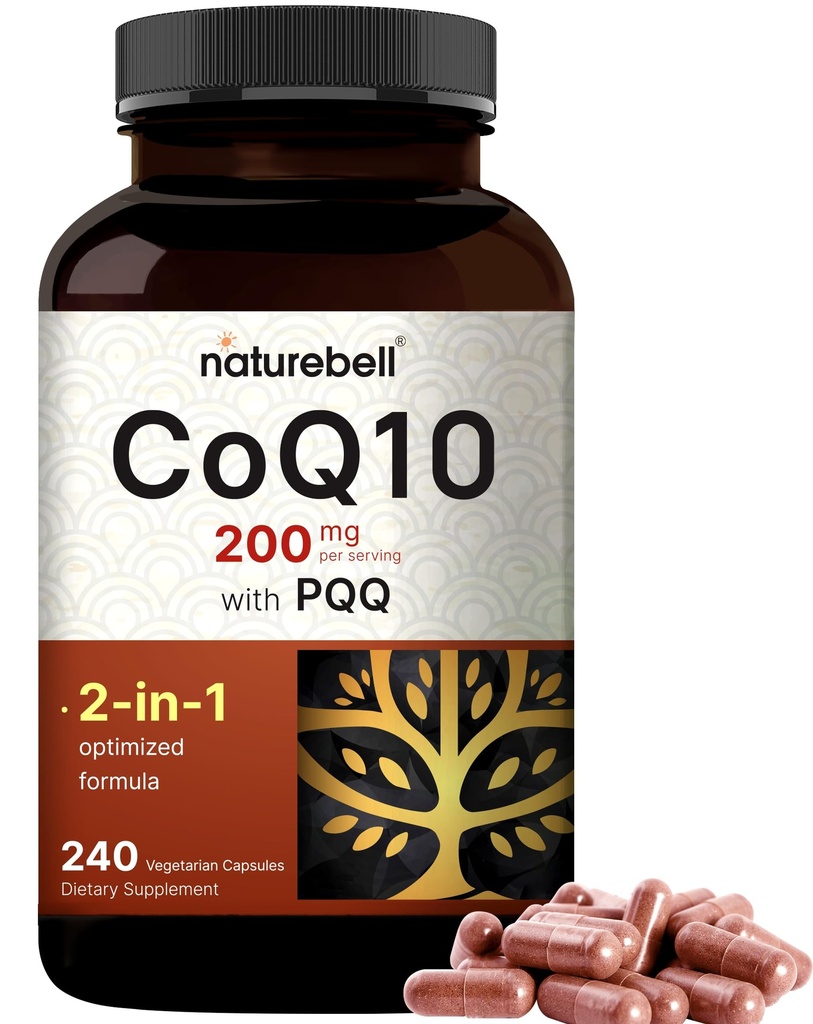 NatureBell CoQ10 200mg avec PQQ, 240 Capsules de Veggie.Forme stable à haute absorption – Support antioxydant pour la santé du coeur et de l'énergie – Supplément Coenzyme de force supplémentaire Q10