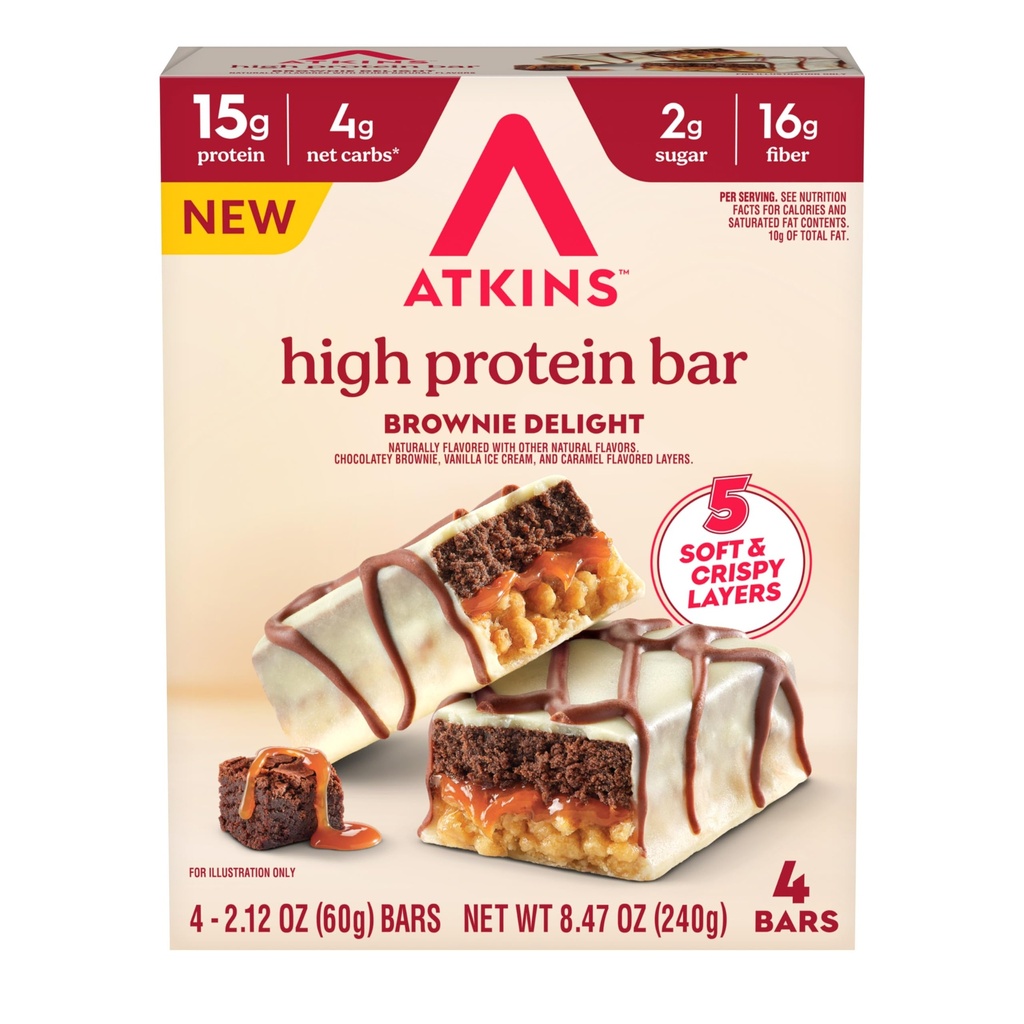 Atkins High Protein Bars, Brownie Delight Flavor, 15g of Protein, 4g Net Carbs, Keto Protein Bars, Low Sugar, 4 Count