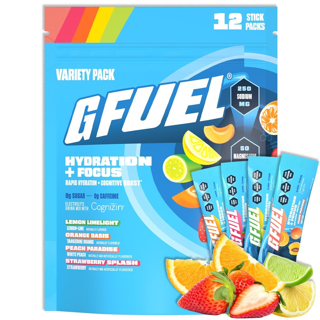 G Fuel Electrolytes Powder for Instant Hydration and Focus | Sugar Free Electrolytes Variety Pack of Lemon, Orange, Peach, Strawberry, Nootropic Drink Mixes to Sharpen Mental Focus, 12 Servings