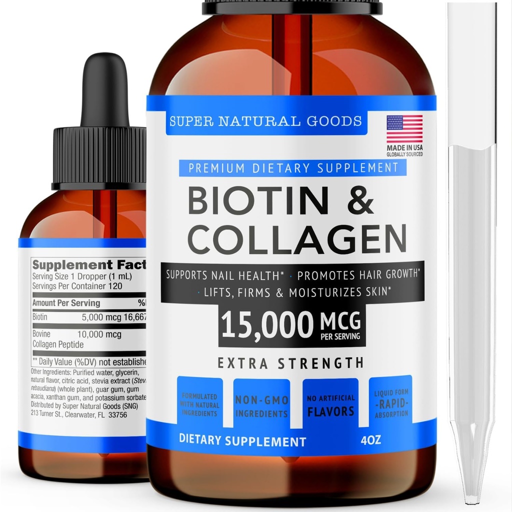 Super Natural Goods Biotin & Collagen Vitamins - Haarausfall, Gut Health, Anti-Aging, Hautpflege & Nails - Made in USA, Non-GMO & Cruelty Free (4 Ounce- 15.000mcg)