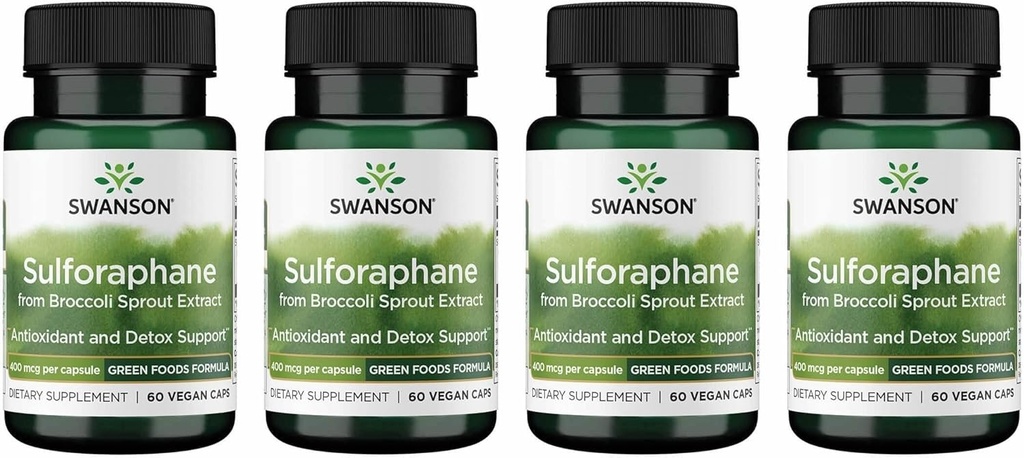 Swanson Sulforaphane - Broccoli Sprout Extract Supporting Cellular, GI Tract, and Liver Health - Supplemento naturale Standardizzato allo 0.4% Sulforaphane - (60 capsule di verdure, 400mcg ciascuno) (4 Confezione)