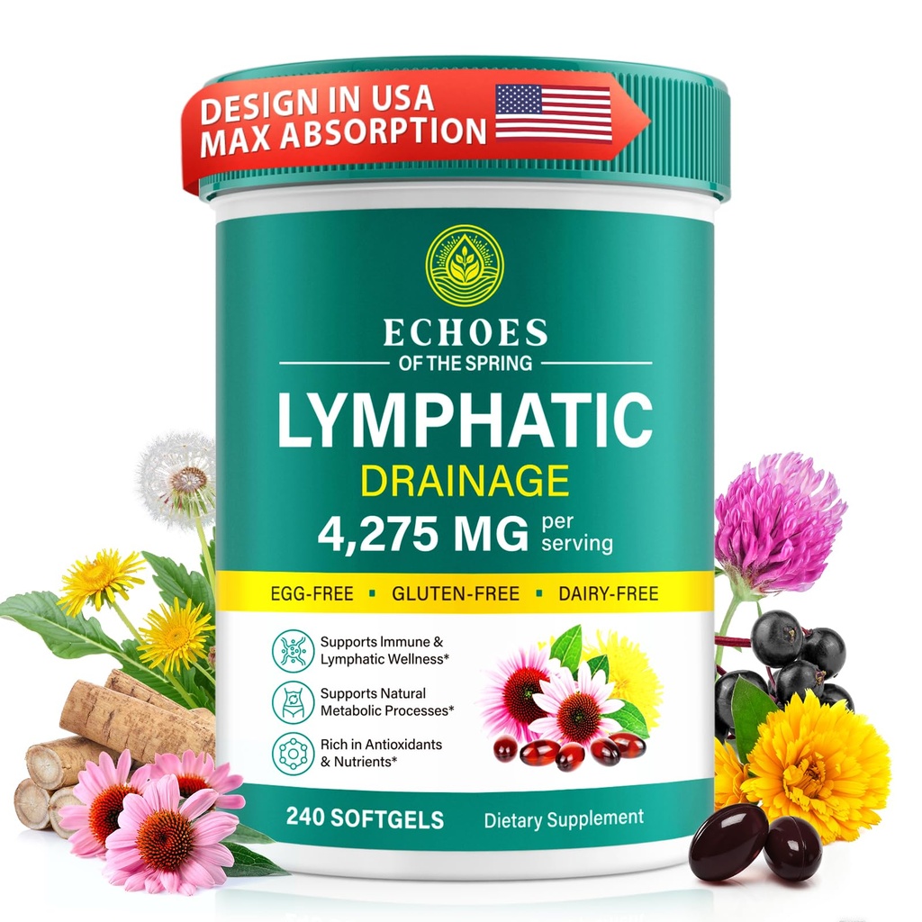 Lymphatic Drainage Supplements, 4275mg Lymph System Support Supplement for Women & Men, Daily Wellness Support, 21-in-1 Herbal Blend with Echinacea, Dandelion, Burdock, Turmeric & More, 240 Softgels