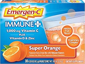 Emergen-C Immune+ 1000mg Poudre de vitamine C, avec vitamine D, zinc, antioxydants et électrolytes pour l'immunité, supplément de soutien immunitaire, Super Orange Flavor - 30 comte/1 mois d'approvisionnement