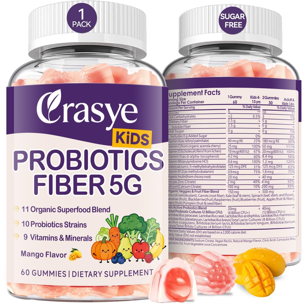 Kids Probiotic + Prebiotic Fiber 5G Gummies 12 Billion CFU Probiotics & Organic Veggie Fruit Fiber Gummy Sugar Free Probiotic Fiber Supplement for Children Digestive & Gut Immune Health - 60 Gummies