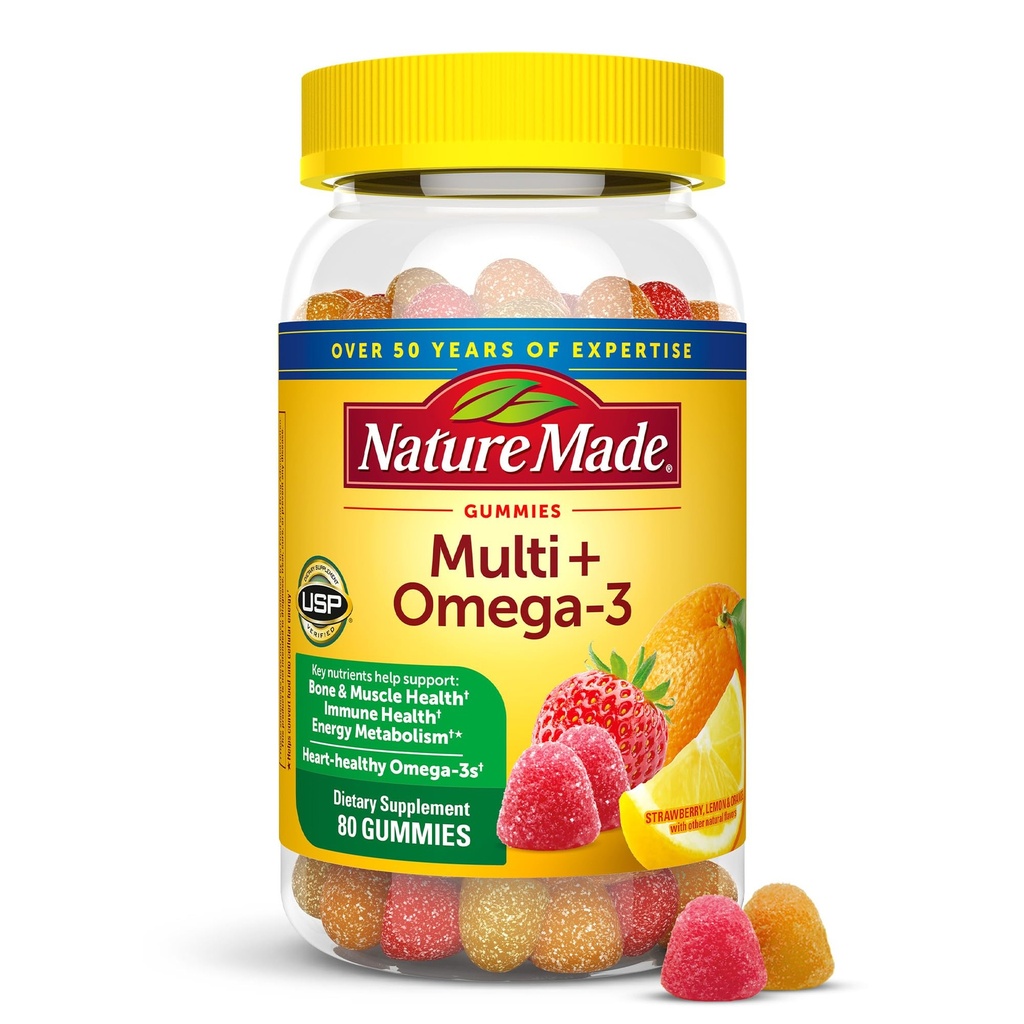 Nature faite Multivitamine + Omega-3, Gommies multivitamines pour les femmes et les hommes, soutien nutritionnel quotidien, 80 adultes vitamines et minéraux gommy, 40 jours d'approvisionnement