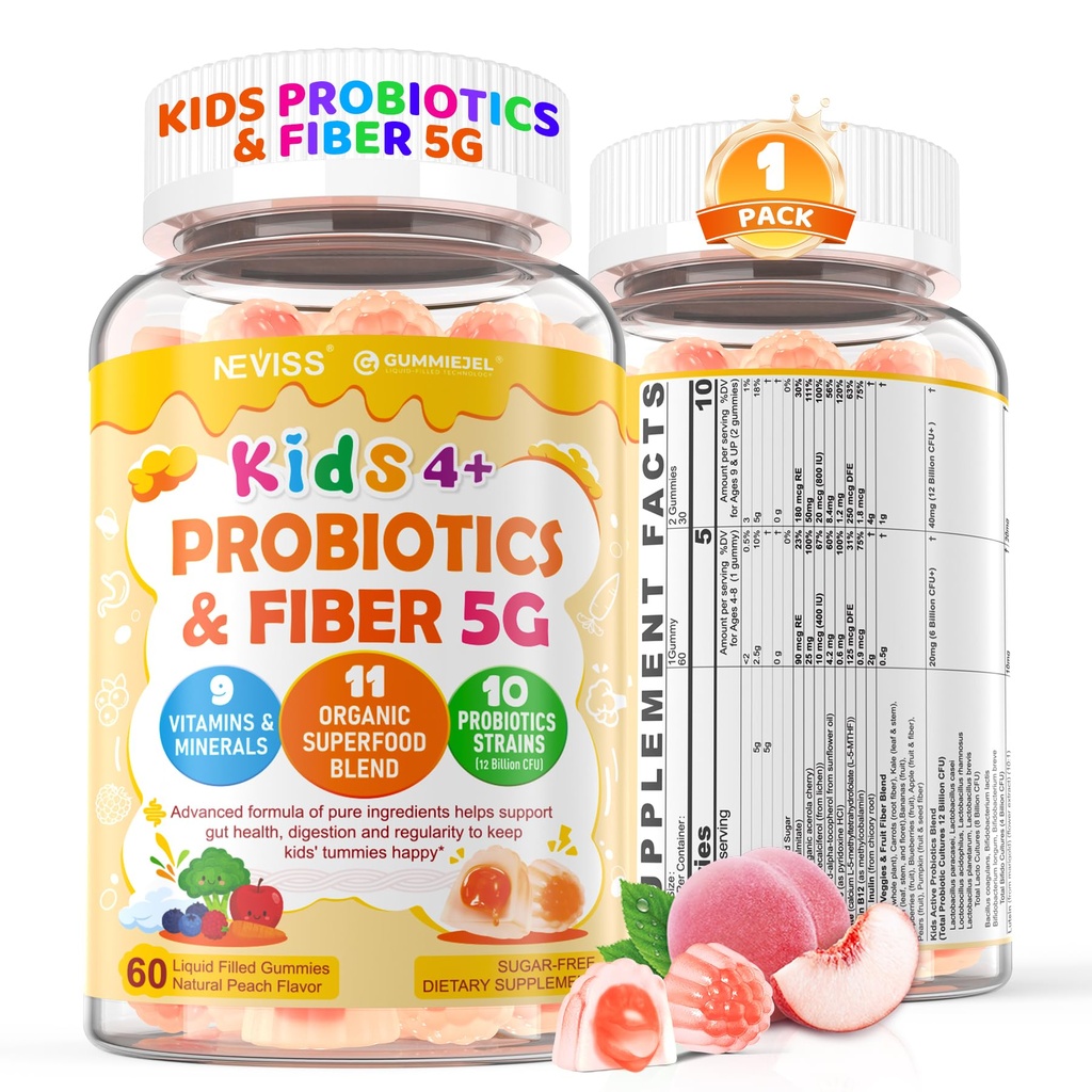 Kids Probiotic + Prebiotic Fiber Gummies 5G, 12 Billion CFU Probiotic & Veggie Fruit Fiber, w/ Organic Inulin, Methyl B12 B6 D3 C, Lutein for Children's Digestive & Gut, Immune Health, Sugar Free,60Ct