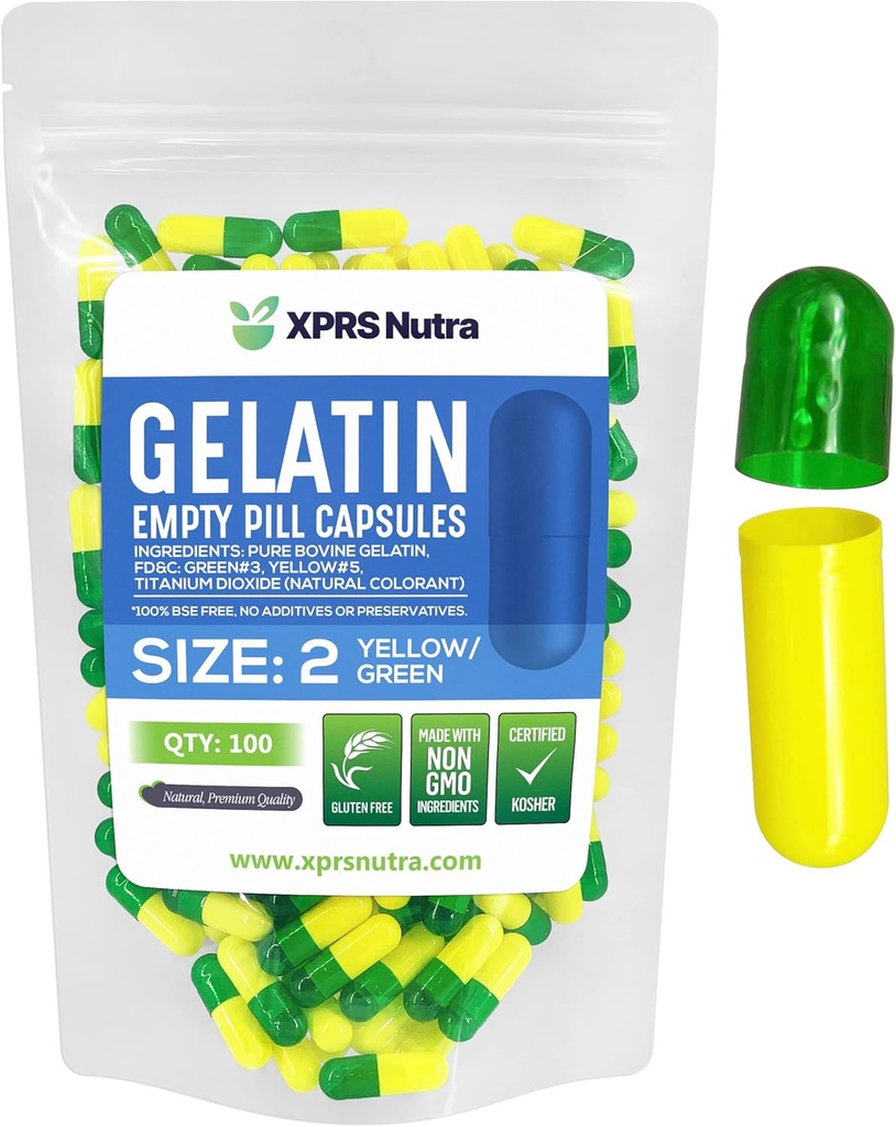 XPRS Nutra Taille 2 Capsules vides - 100 Compte Capsules de gélatine vides - Pills Bricolage Capsule Remplissage - Pure Pilule de gel pour Do-It-Youlf Suppléments (Green/Yellow)