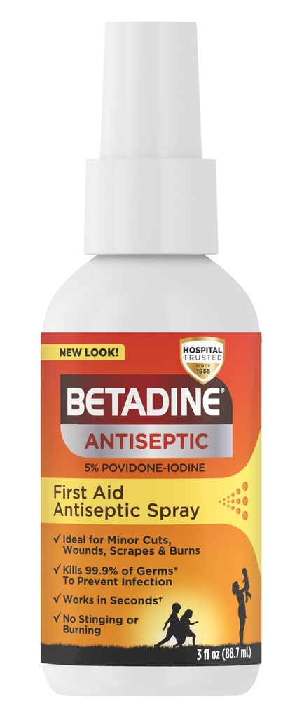 Betadine Antiseptic First Aid Spray, Povidone-iodine 5%, Infektionsschutz, Tötet Germs in Minor Cuts Scrapes And Burns, No Sting Promise, No Alkohol oder Hydrogen Peroxid, 3 FL OZ