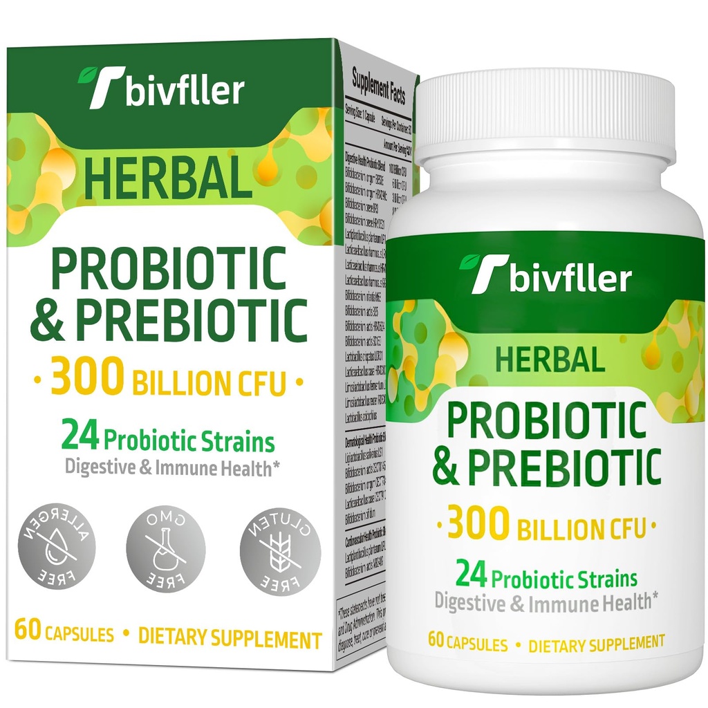 Probiotiques pour les femmes Hommes- 300 milliards CFU, 24 souches Probiotique+15 herbes biologiques Prébiotiques Mélange, pré et probiotiques, pour la santé digestive, Immune et Gut, Diarrhée, Bloating, Vegan, 2 mois d'approvisionnement