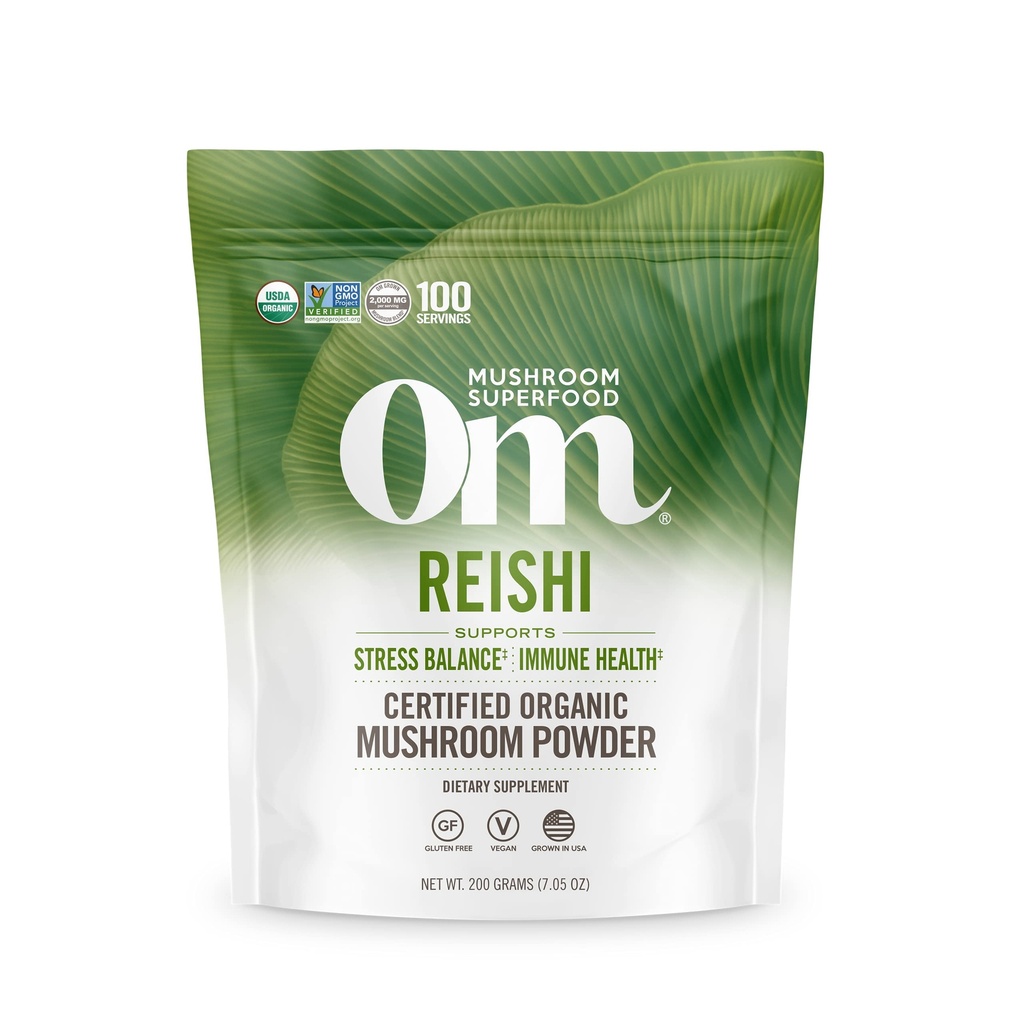 Om Mushroom Superfood Reishi Bio Pilzpulver, 100 Portionen, Organisches Adaptogenpulver für Stressentlastung und Immungesundheit