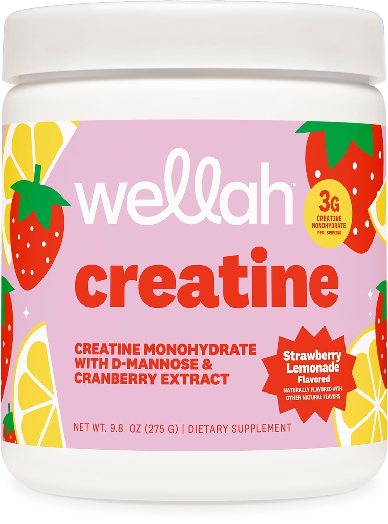 Wellah Creatina per le donne - Creatina Monoidrato con Dandelion & estratto di mirtillo (50 Serve, Limonata di fragole)
