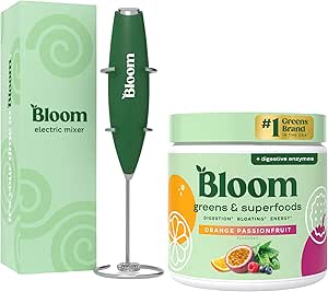 Bloom Nutrition Superfood Greens Powder, Enzimi Digestivi con Probiotici e Prebiotici, Salute Gut, Bloating Relief, Arancio Passionfruit + frullato di latte Miscelatore mano ad alta potenza