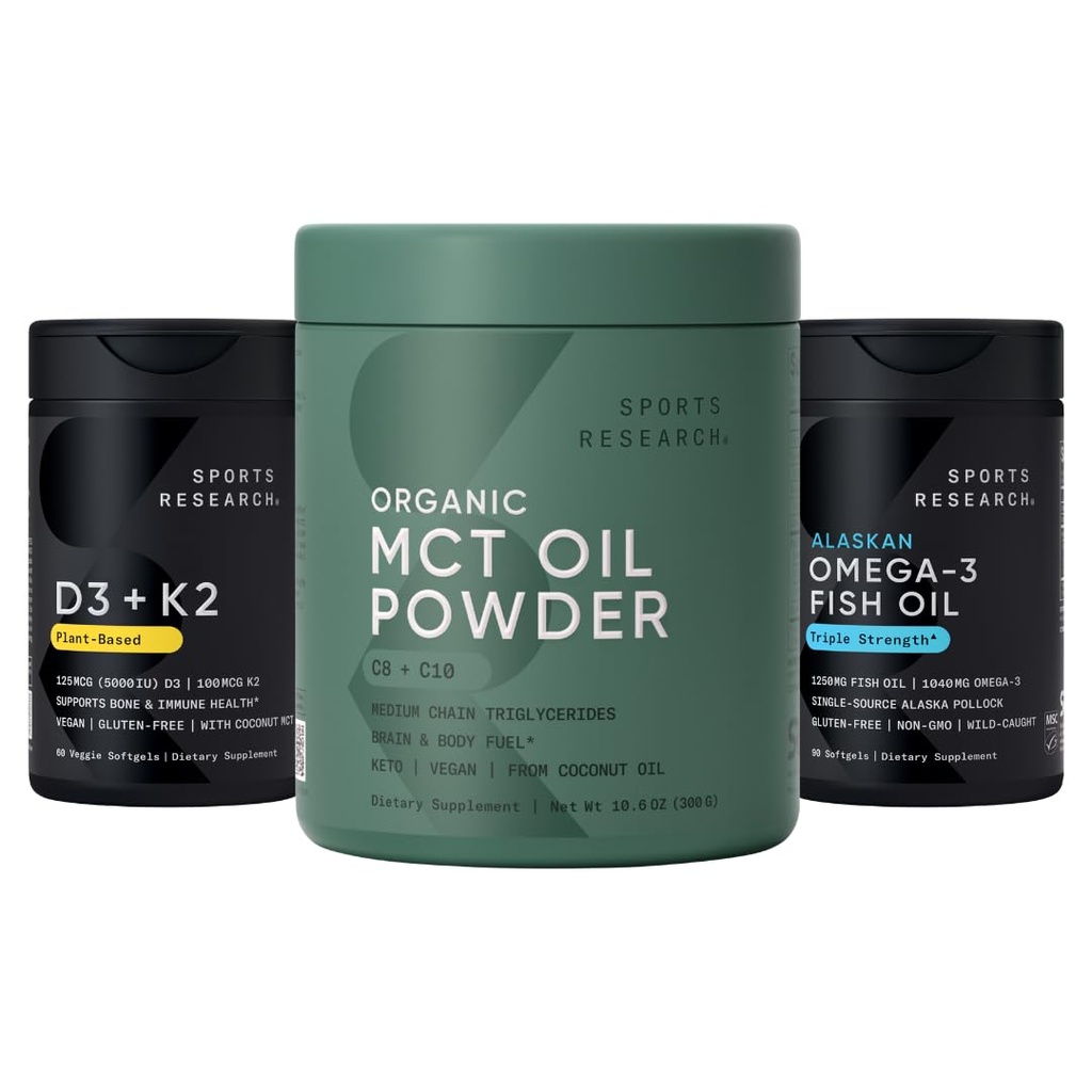 Sports Research® Multivitamin Pack with Organic MCT Oil Powder - Keto & Vegan MCTs C8 + C10, Vitamin D3 5000iu + K2 100mcg, and Alaskan Omega-3 Fish Oil 1250mg