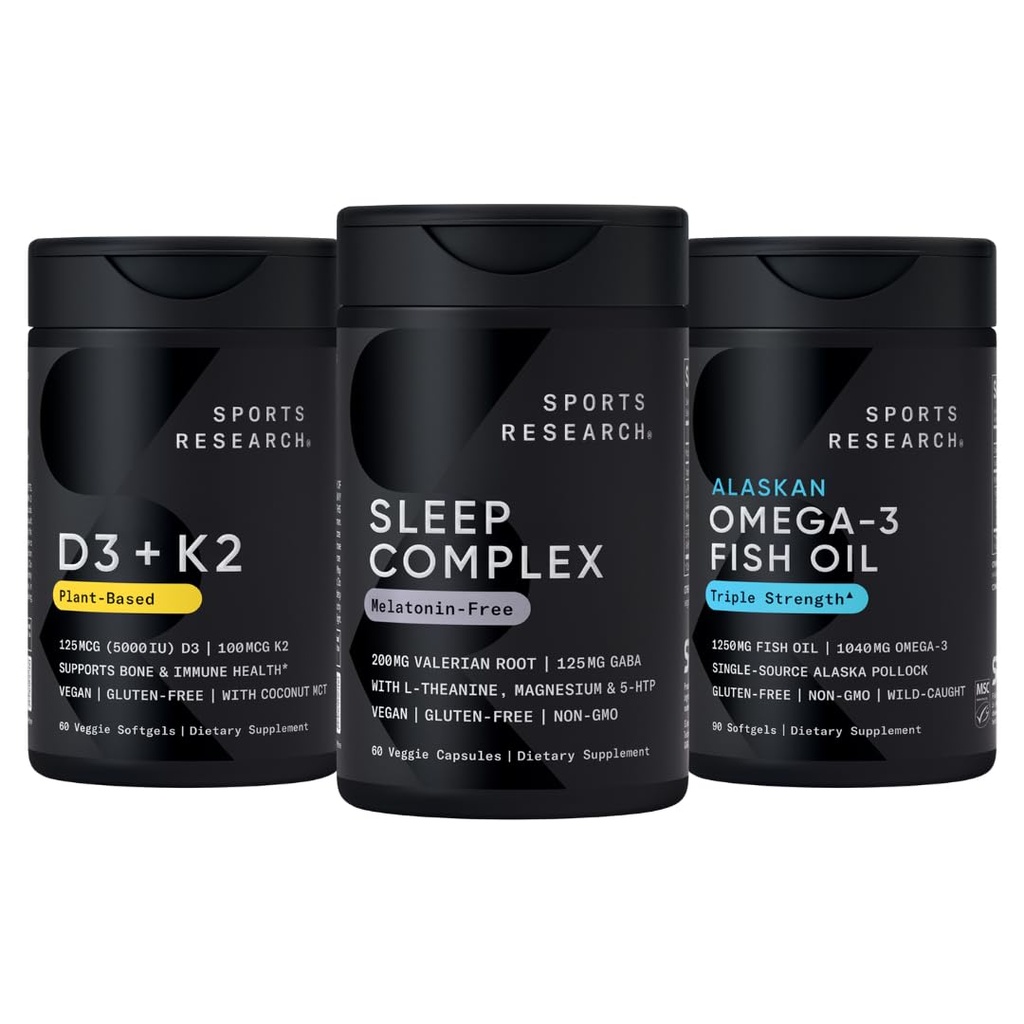 Sports Research® Multivitamin Pack - Melatonin-Free Sleep Complex, Vitamin D3 5000iu + K2 100mcg, and Alaskan Omega-3 Fish Oil 1250mg
