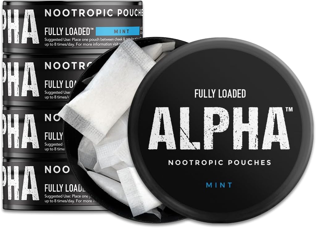 Fully Loaded Alpha Nootropic Pouches (Mint) - 5 Cans - 15 Pouches per can - Efficace consegna nootropica, Nic Pouch Sostituzione - Assorbimento più veloce, Alpha GPC, L-Tyrosine, GABA