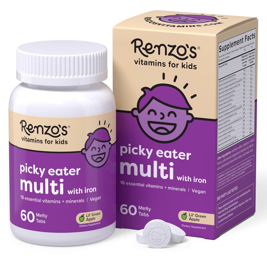 Multivitaminico di Renzo's Picky Eater Kids con ferro - vitamine per bambini dissolvibili con ferro, zinco, vitamina C, vitamina D, E & K, schede Melty senza zucchero, aroma di mela verde, 60-Count (1-2 mesi di alimentazione)