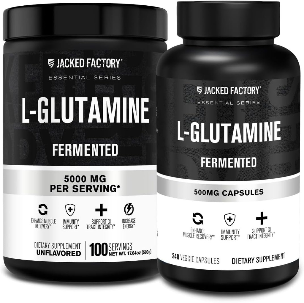 L-Glutamine Poudre L-Glutamine 100 Servants et Capsules L-Glutamine 500mg (240 Capsules) pour la récupération des muscles après l'entraînement, l'immunité, la santé digestive