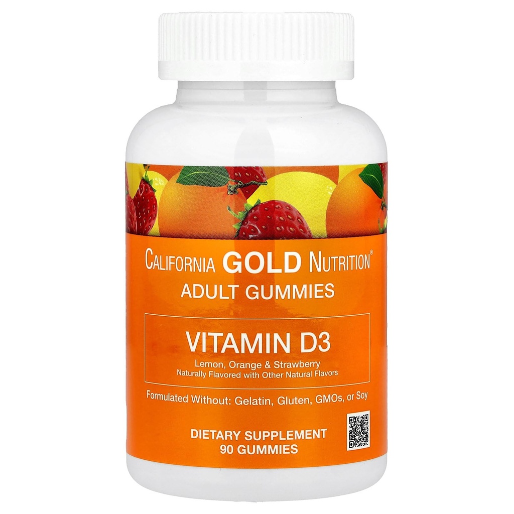California Gold Nutrition Vitamin D3 Gummies, Lemon, Orange, & Strawberry, 90 Gummies (25 mcg (1,000 IU per Gummy))