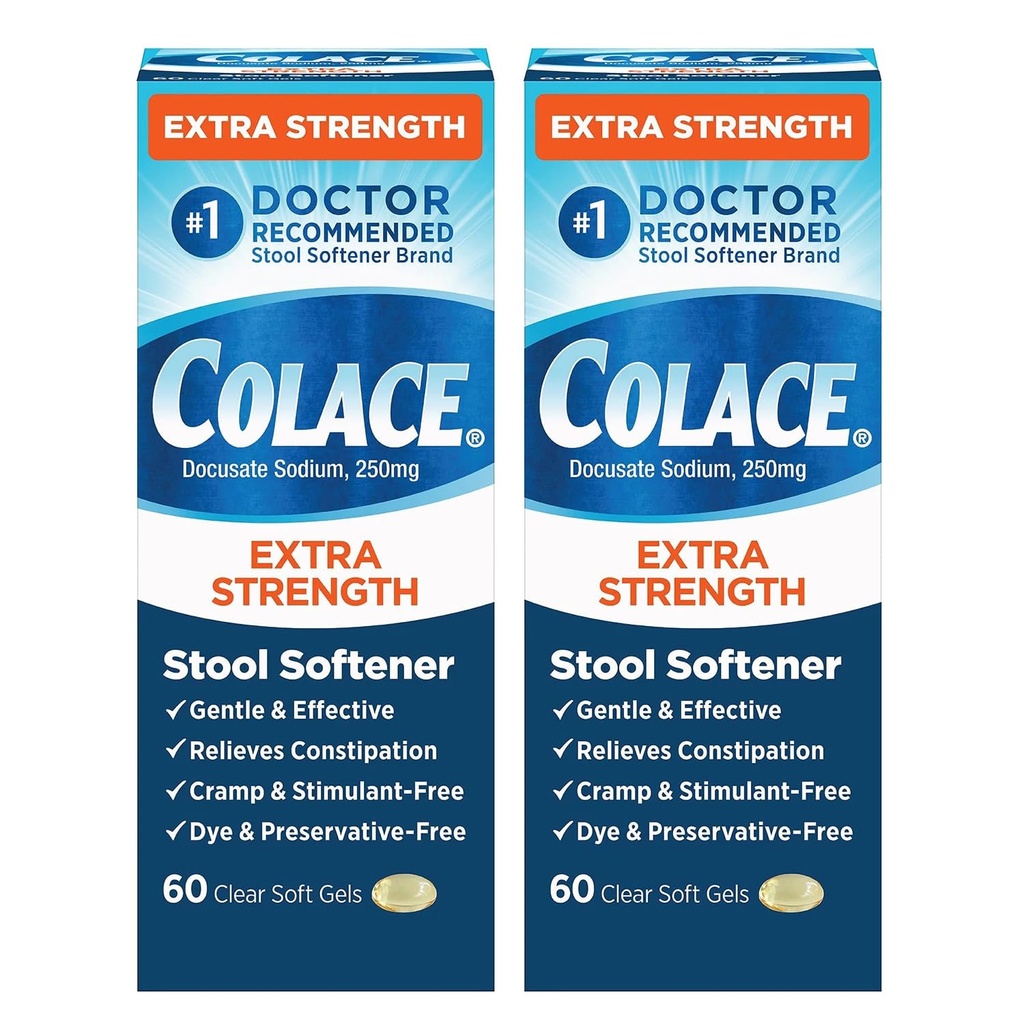 Colace Extra Strength Stool Softener, 60 Count (Pack of 2), Gentle Constipation Relief for Adults, 250 mg Docusate Capsules, #1 Doctor Recommended Stool Softener Brand