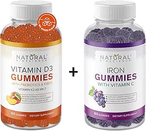 BioScienza Naturale Zucchero Vitamina D3 K2 Gummies 5000 IU & Iron Gummies con Vitamina C, Resistenza Extra, Supporto Immune, Salute Del Bone, Salute Del Cuore, Supporto Energetico, 60 Vitamine Di Gomma