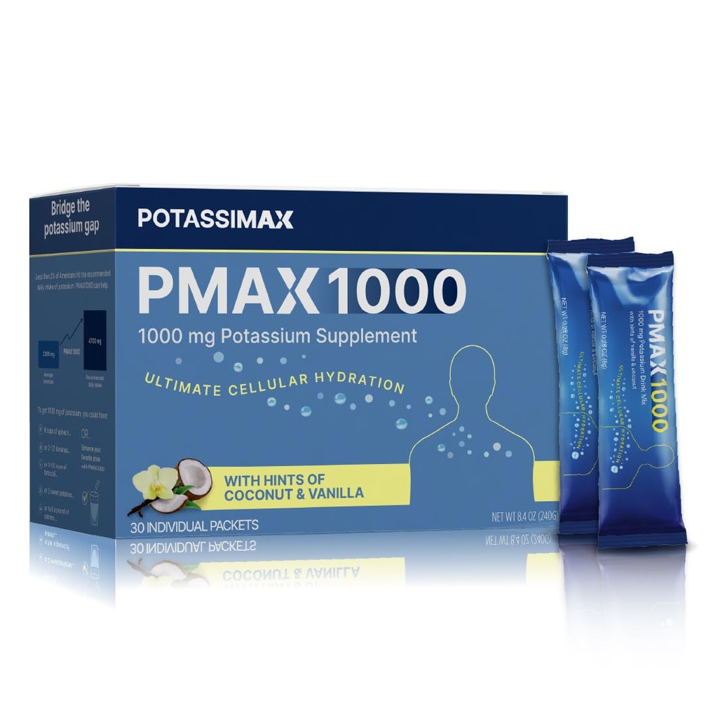 PMAX1000 High Dose Pure Potassium Electrolyte Supplement Powder 1000mg 4-Type Potassium Blend-Citrate, Gluconate, Bicarbonate,Chloride, Supports Healthy Blood Pressure, Heart, Kidneys, Bones, Muscles