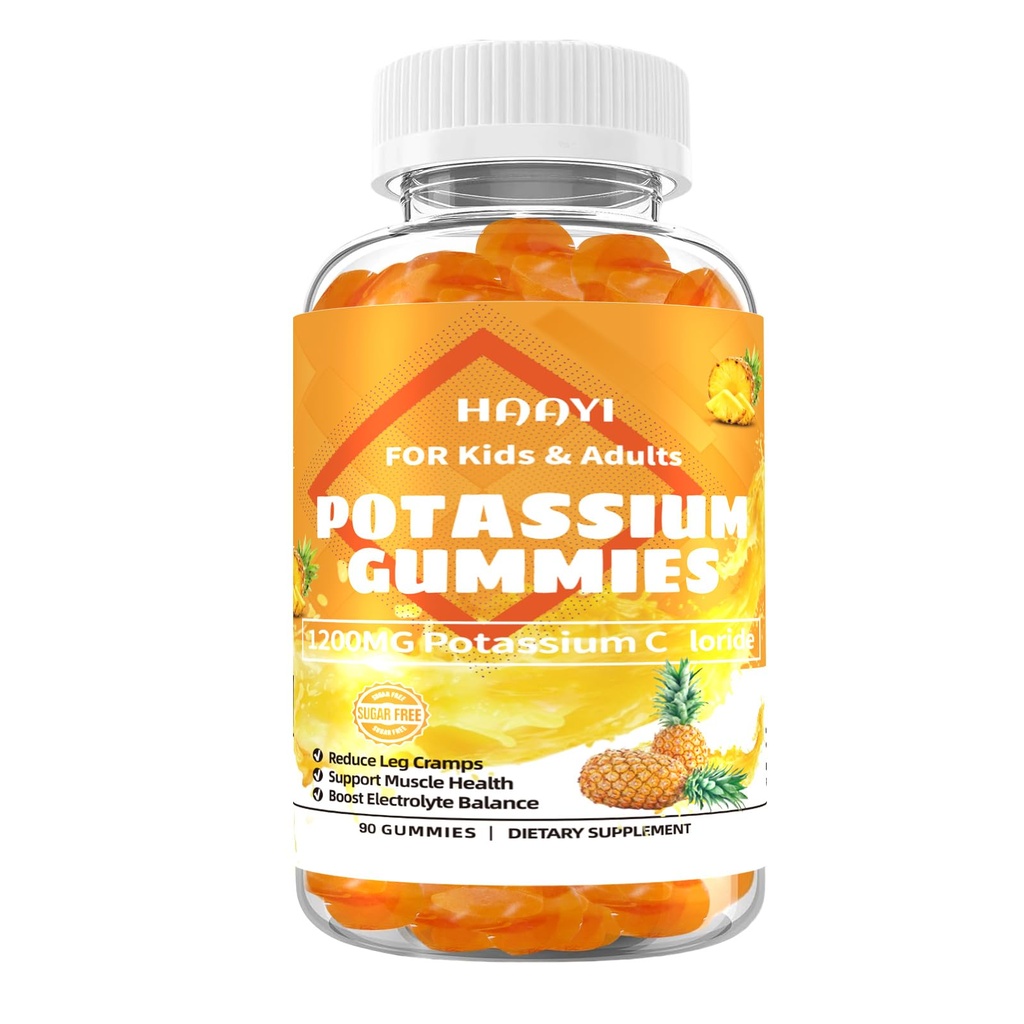 1200mg Potassium Chloride Supplement Gummies for Adults Women Men，High Potassium Supplement Support Leg Cramps & Electrolyte Balance& Heart Health， Sugar Free,Pineapple Flavor,90 Count