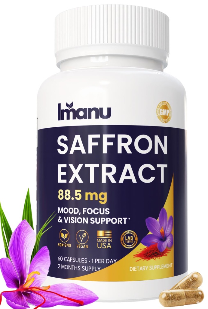Imanu Saffron Extract, Mood and Cognitive Support for Women, Crocus sativus L., 88.5mg, 60 Capsules, 2 Month Supply