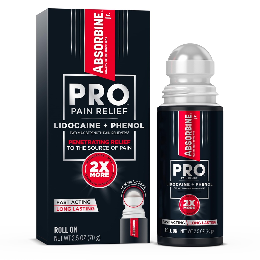Absorbine Jr. PRO Maximum Strength Lidocaine Roll-On for Targeted Nerve and Muscle Pain Relief, 4% Lidocaine + 1.5% Phenol, Fast Acting & Long Lasting, 2.5 oz
