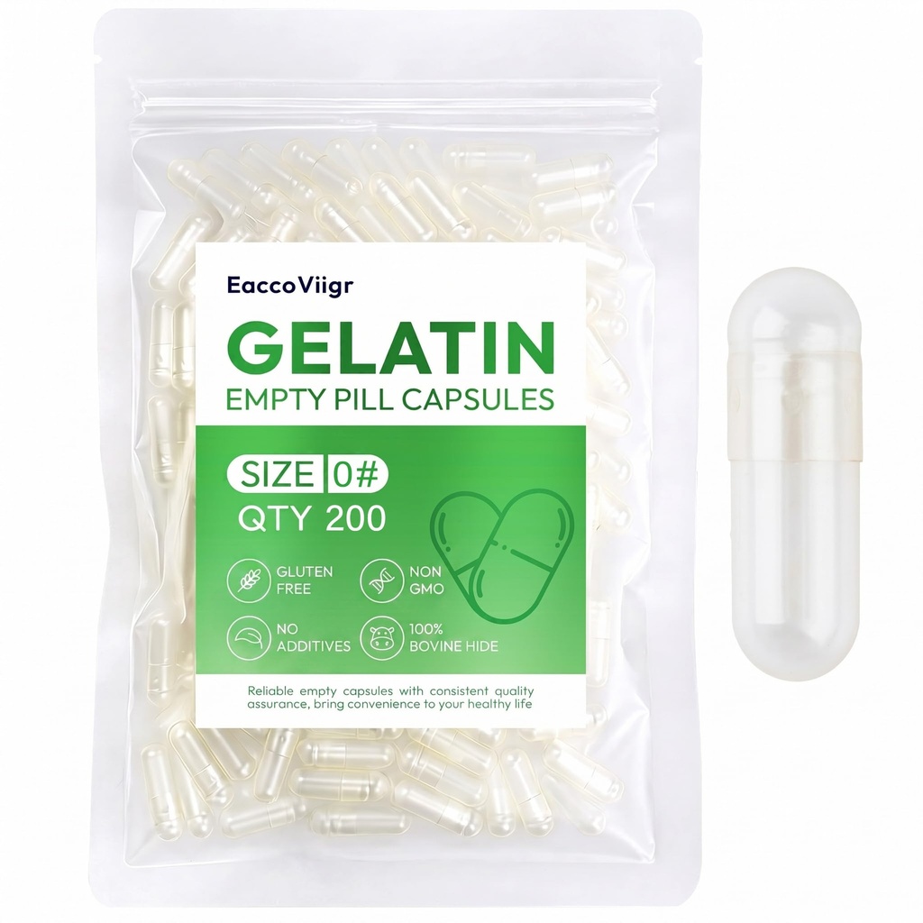 Size 0 Gelatin Empty Capsules - 200 Count Clear Empty Pill Capsules, Fillable Empty Gel Capsule for Homemade Vitamins & Powders, Easy for DIY Supplements