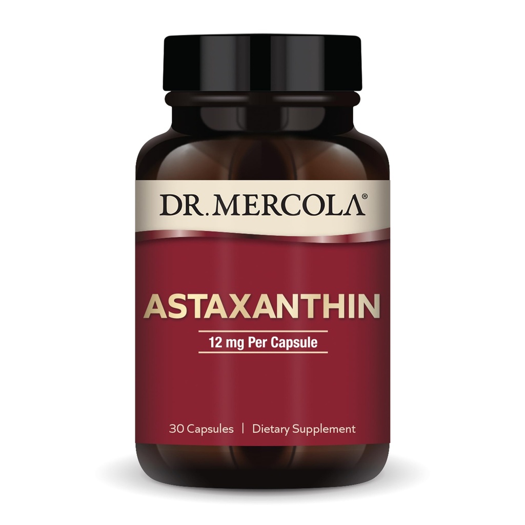 Dr. Mercola Organic Astaxanthin - 12 mg Astaxantina - Potente supporto antiossidante - Estratto di Microalghe Organiche - Non OGM, Senza Glutine & Soy-Free - 30 capsule (30 Serve)
